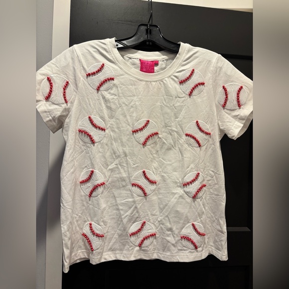 Queen Of Sparkles Scattered Baseball Tee Shirt Top Sequin Ball Sports White - Picture 4 of 11